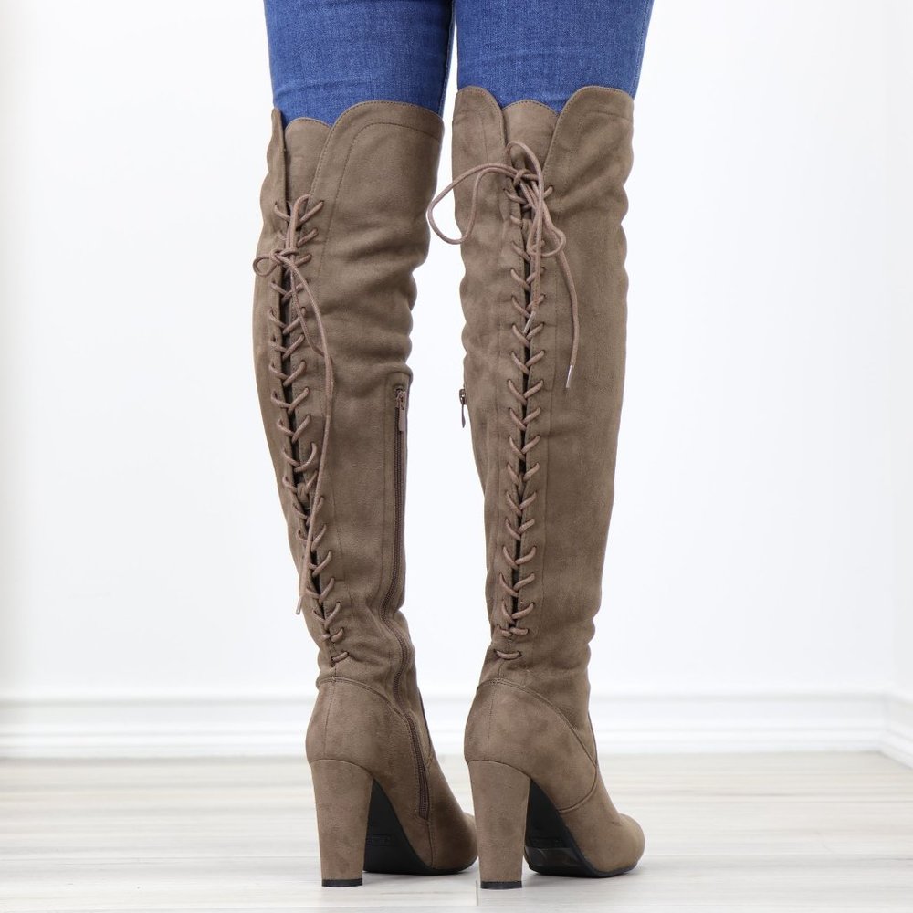 Taupe Suede Thigh High Over The Knee Block High Heel Boots With Lace Up Back - Picture 8 of 14